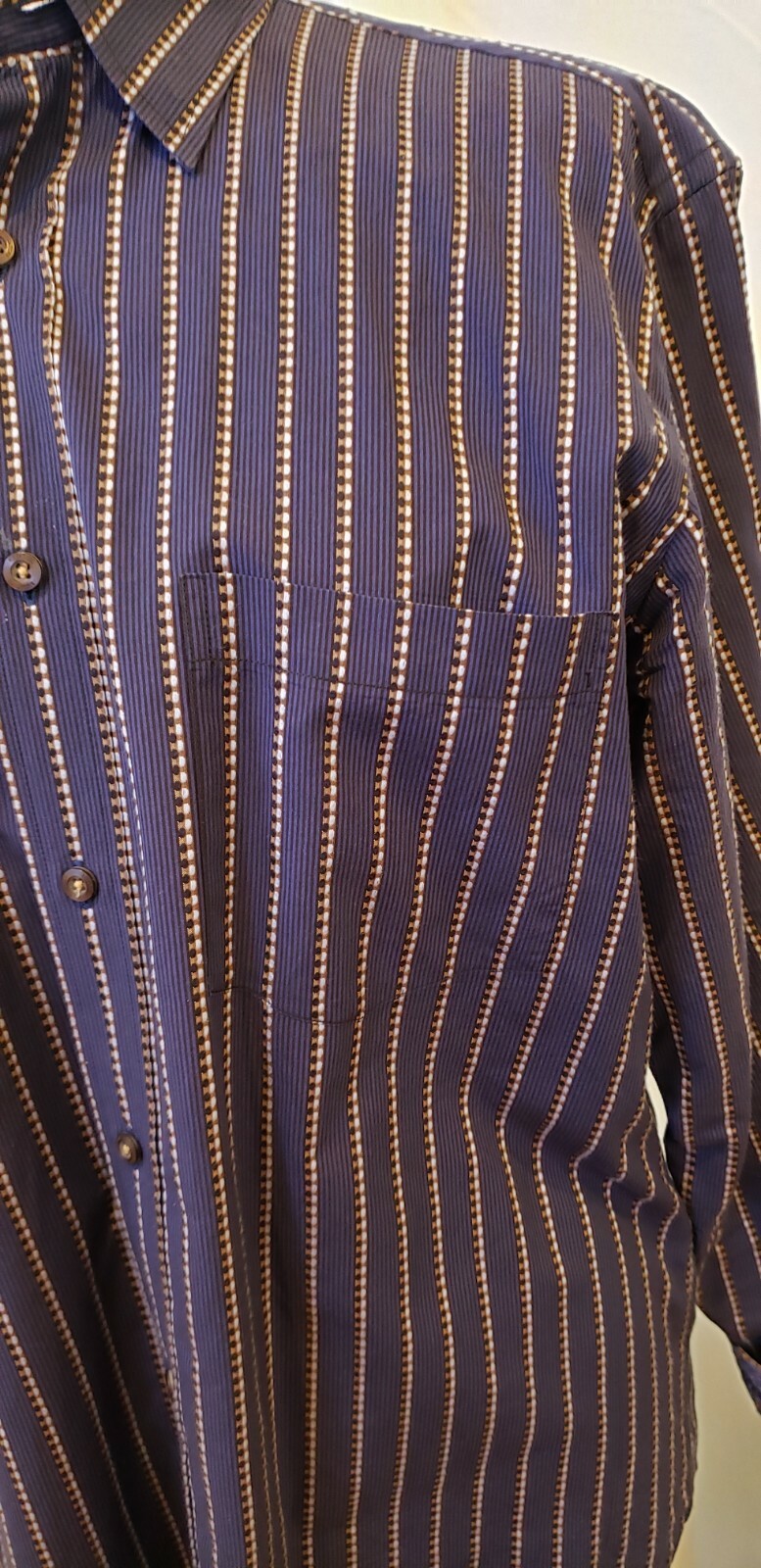 Bugatchi Uomo Blue Brown Stripe Mens L Shirt Convertible Flip Cuffs FREE S&H
