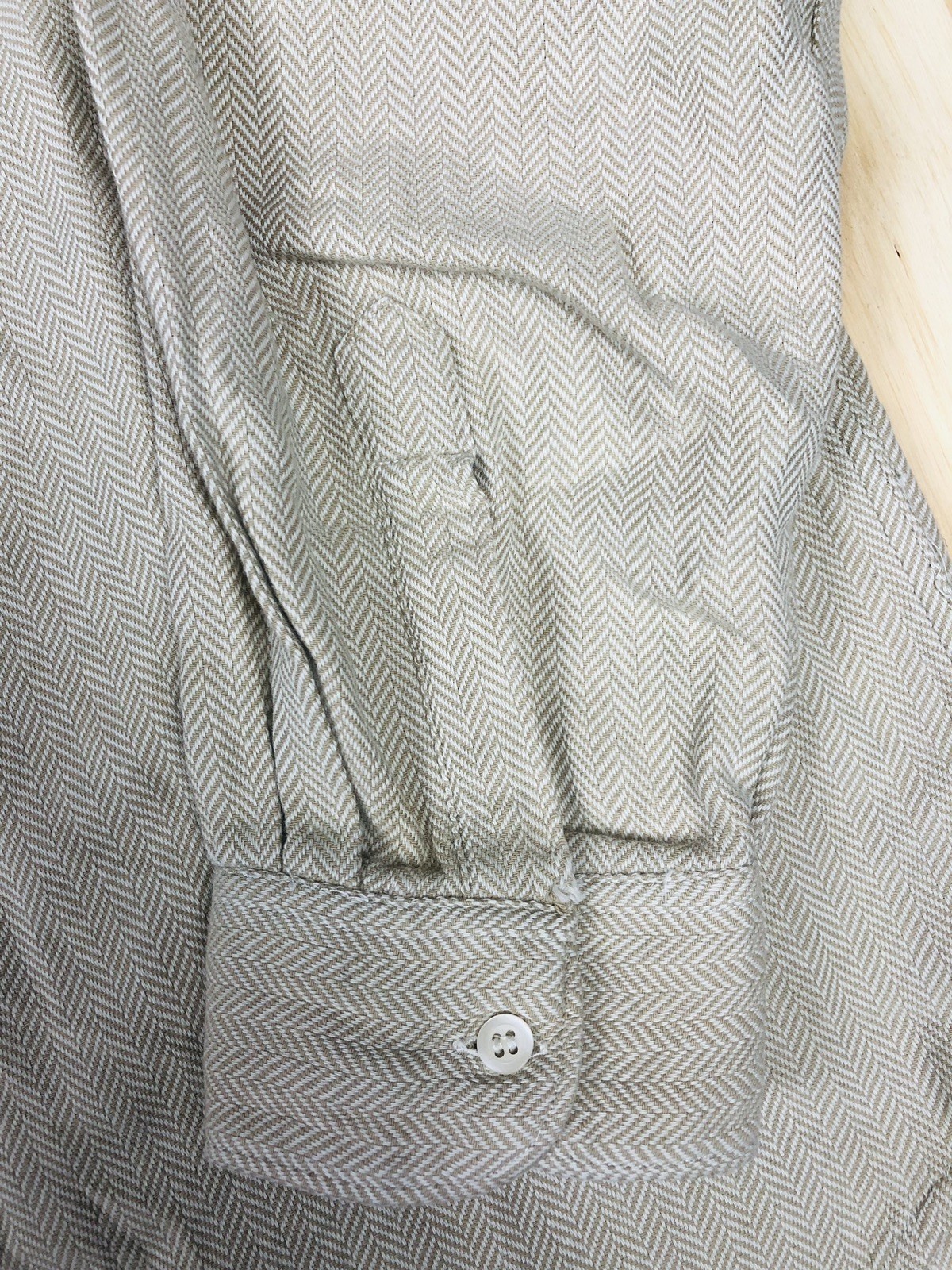 VTG 90s Emporio Armani Cream Herringbone Cotton Mens Shirt Large Made in Italy