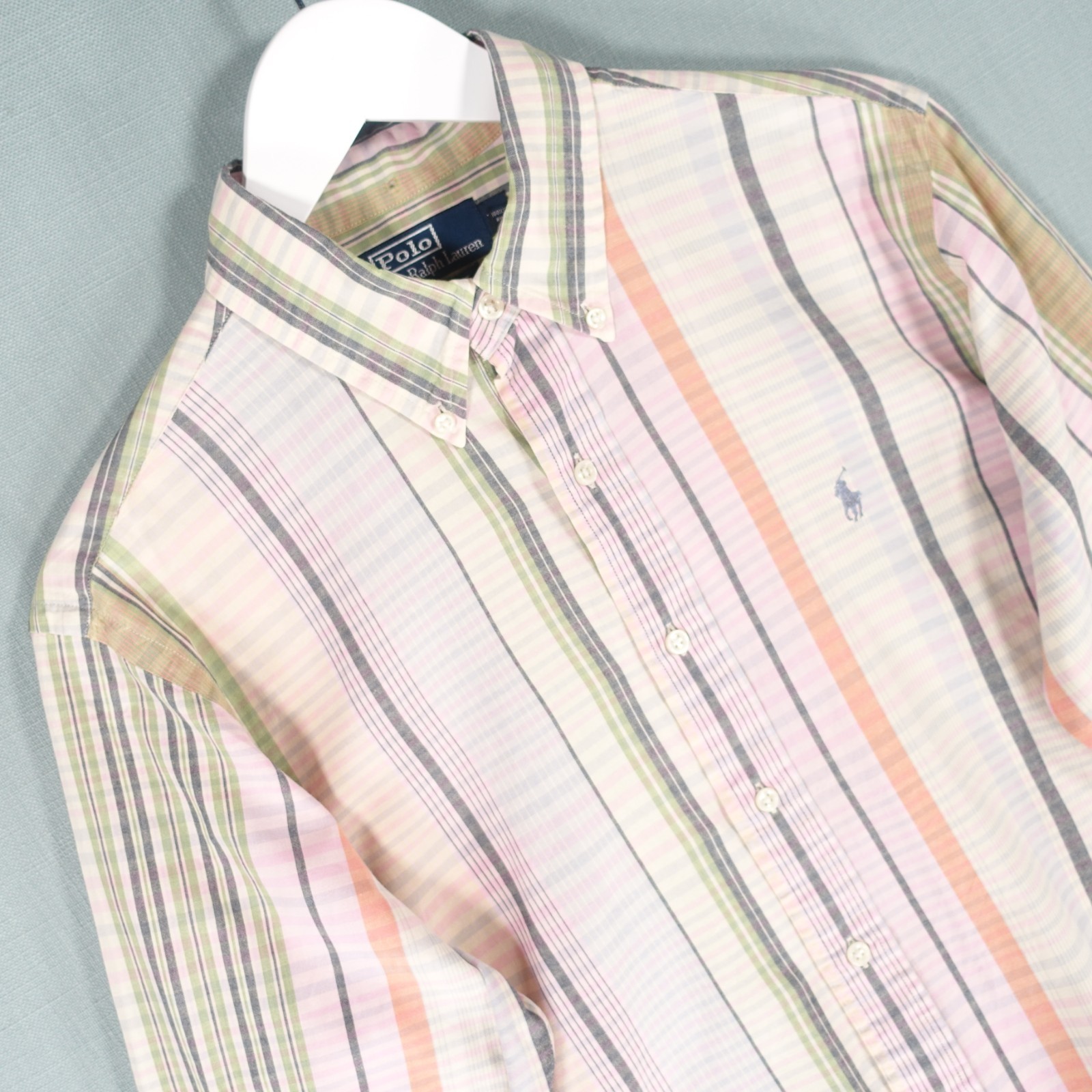Vtg Polo Ralph Lauren Shirt Men Medium Pink Green Beige Custom Pony Button Down