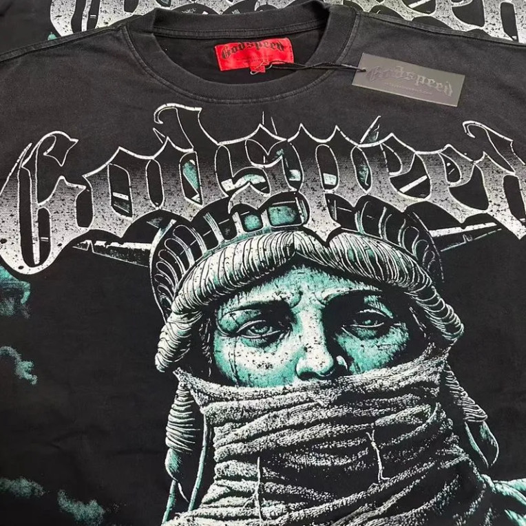 NEW Godspeed Statue of Liberty Print Short sleeve Mens Washed black T-shirt