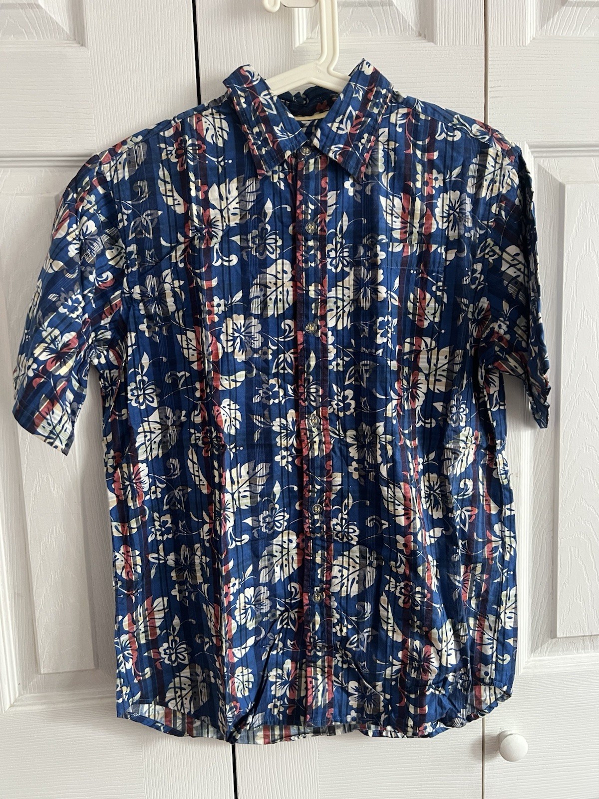 New Vintage Mens Hawaiian Floral Shirt Short Sleeve Blue Hibiscus Tropical M/L