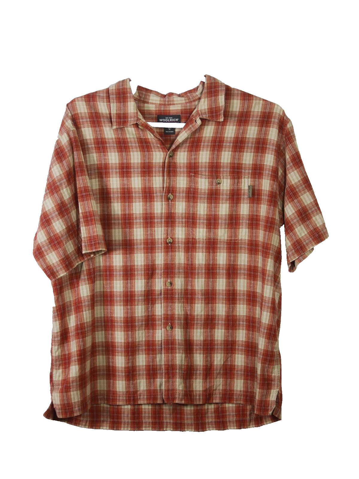 WOOLRICH Men’s XL Short Sleeve Shirt Button Up Redwood Plaid Linen/Cotton