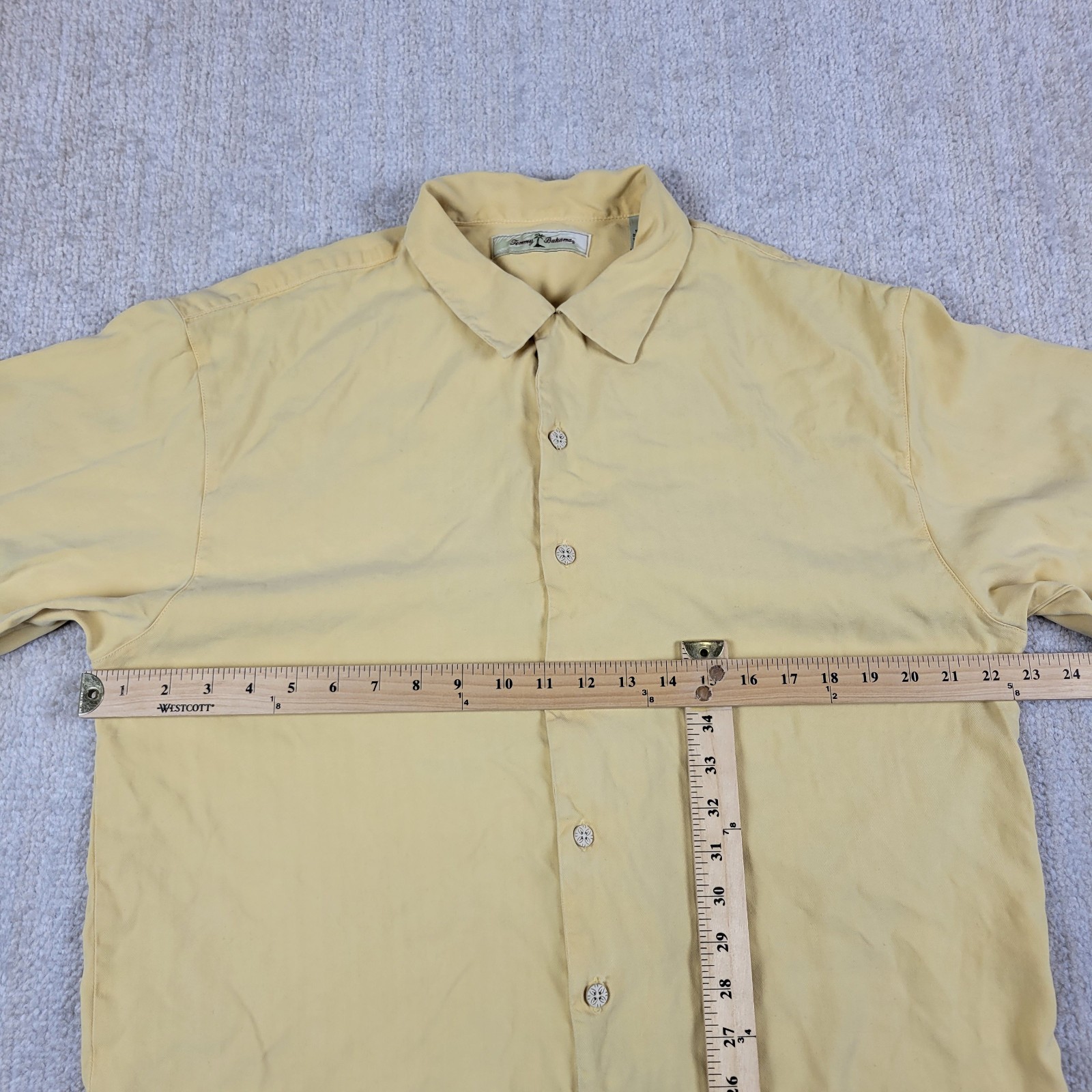 Tommy Bahama Silk Shirt Mens L Yellow Embroidered Back Bar None Cocktails Drinks