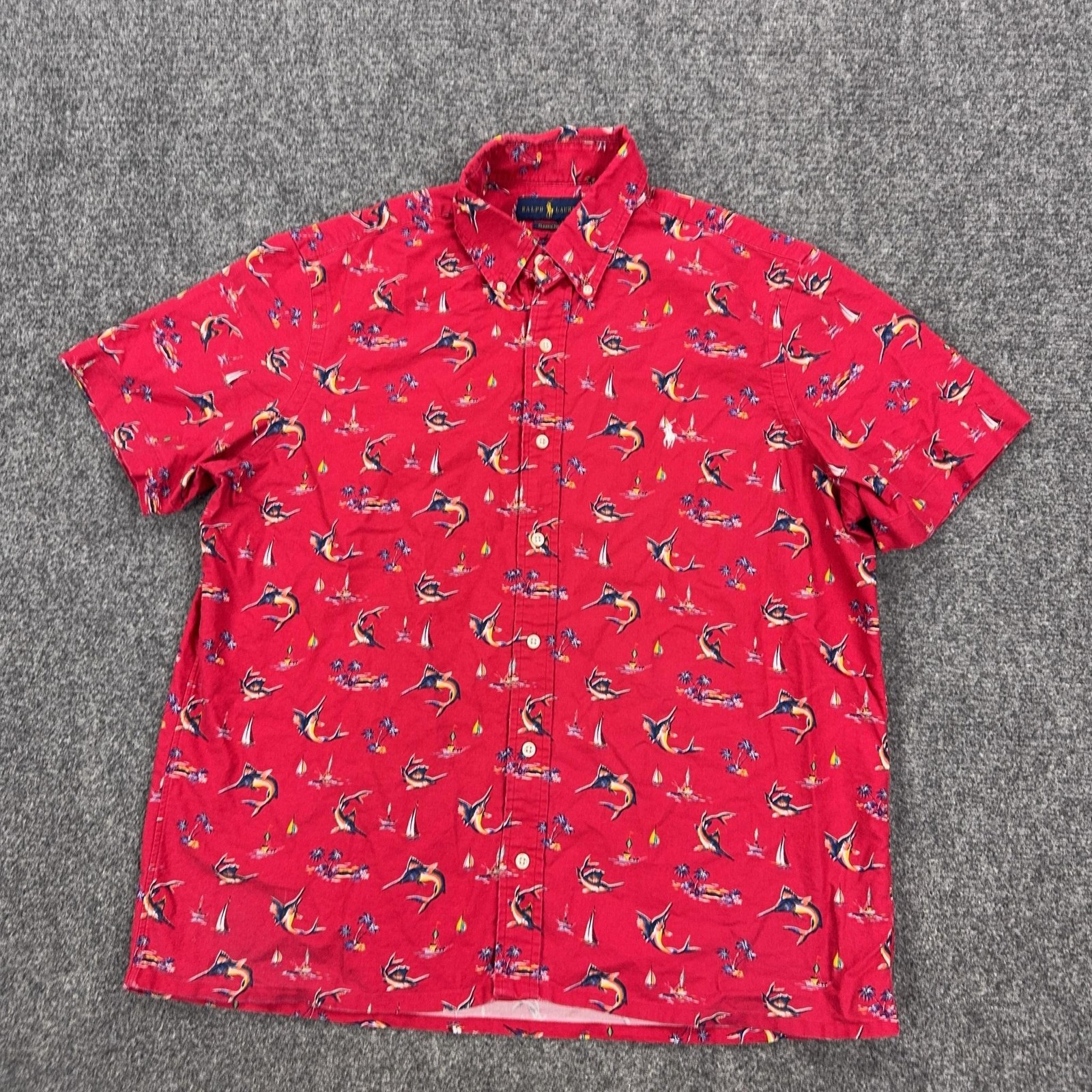 Ralph Lauren Shirt Mens XL Red Nautical Marlin Print Short Sleeve Button Front