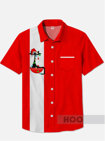 Retro Red And White Splicing Camping Striped And Christmas Black Cat Printing Br