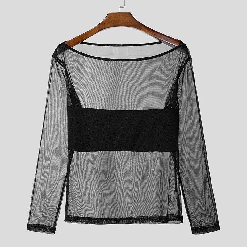 Men’s off-the-shoulder mesh long sleeve T-shirt sexy sheer slim fit top