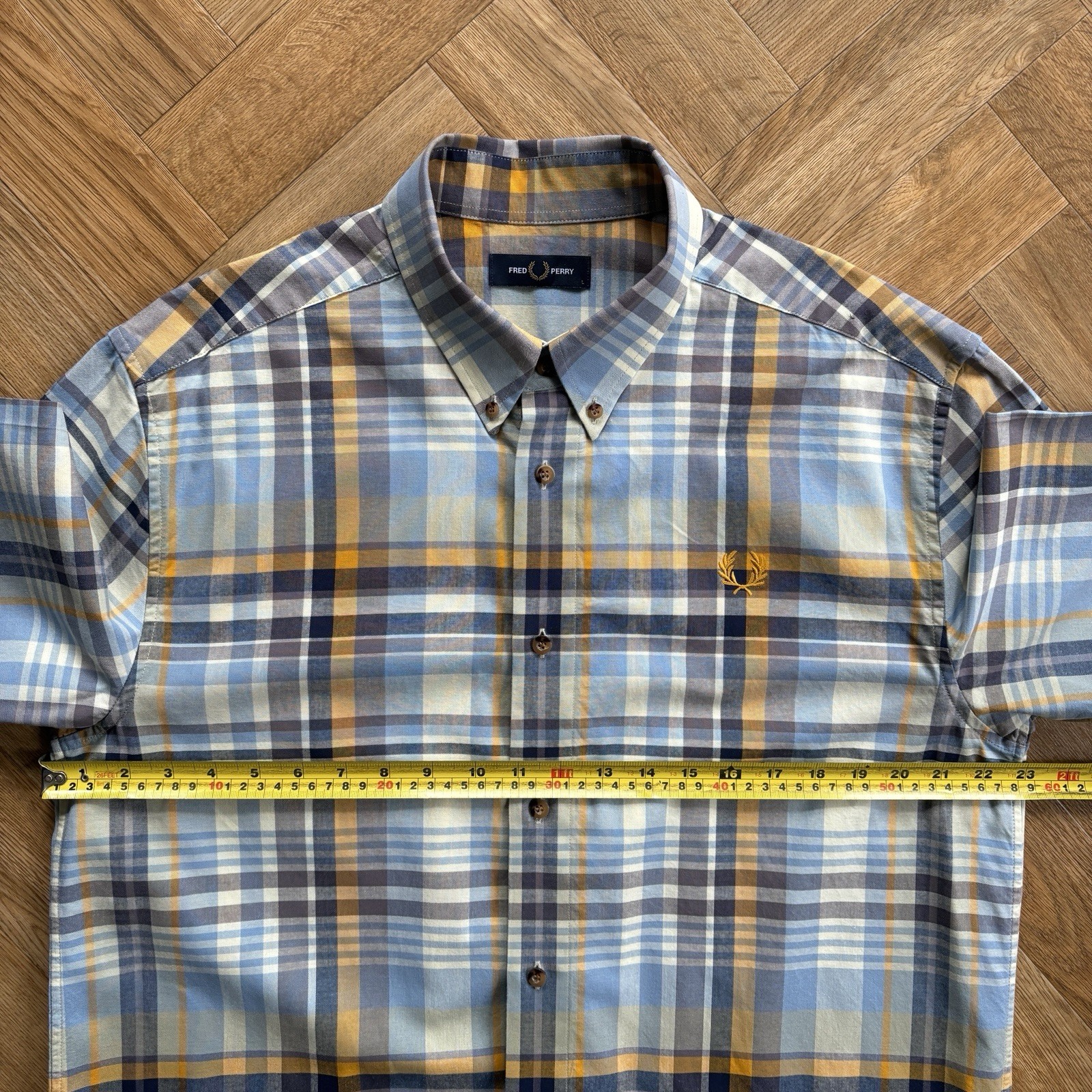 FRED PERRY Short Sleeve Check Shirt Blue White Orange Mens Size Large Mod 60s