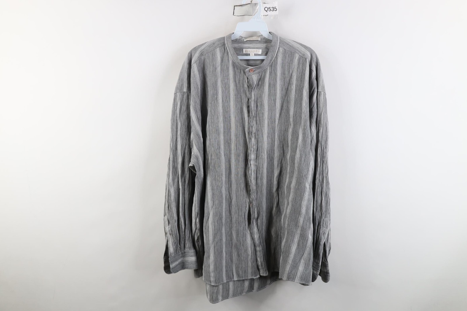 Vtg 90s Streetwear Mens XL Rayon Gabardine Striped Knit Band Collar Button Shirt