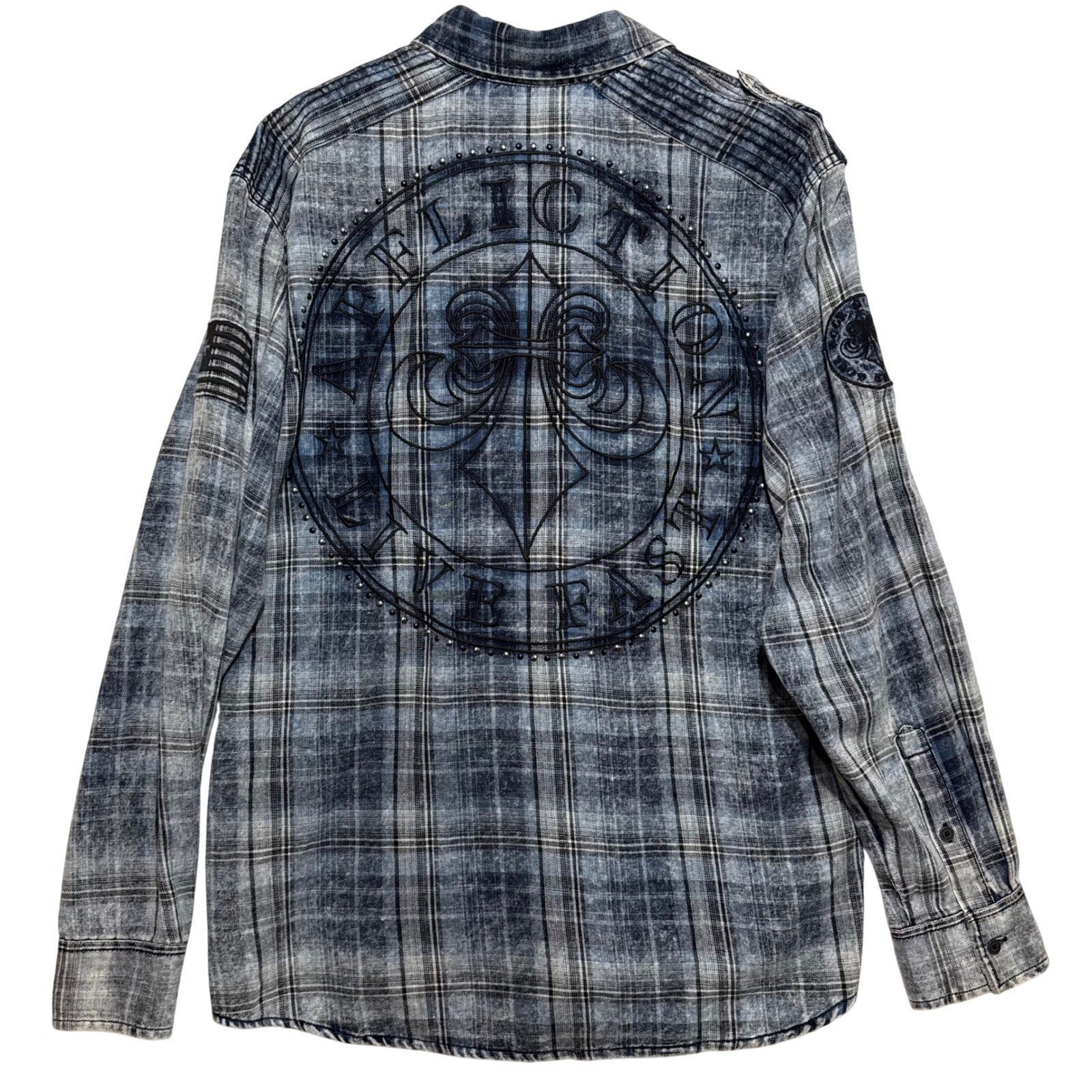 Affliction Mens Plaid Button Down Shirt Blue XL Live Fast Studded Big Graphic
