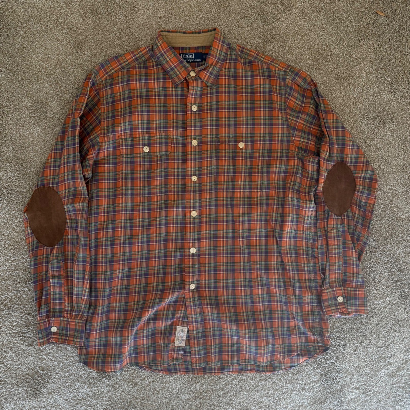 Polo Ralph Lauren Shirt Mens L Orange Plaid Elbow Patch Polo Country Button Down