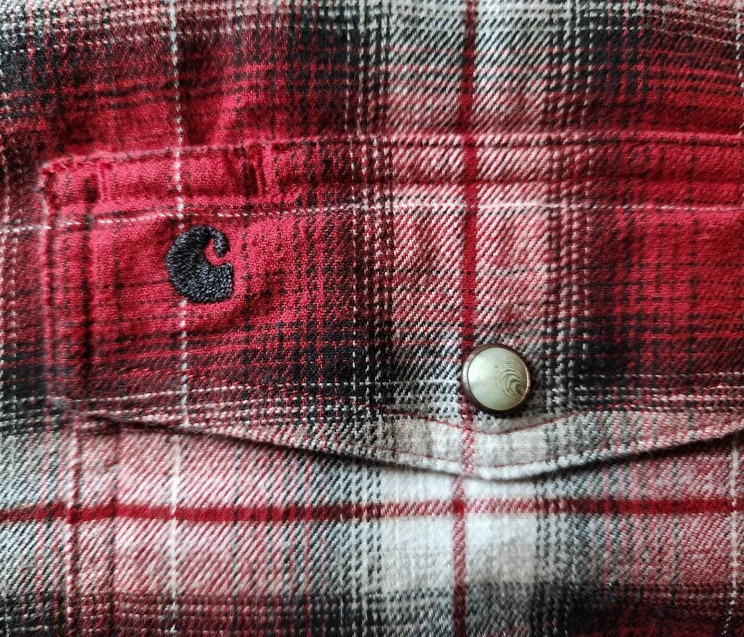 Carhartt Flannel Shirt Mens Size Large Slim Fit Red White Black Plaid Pearl Snap