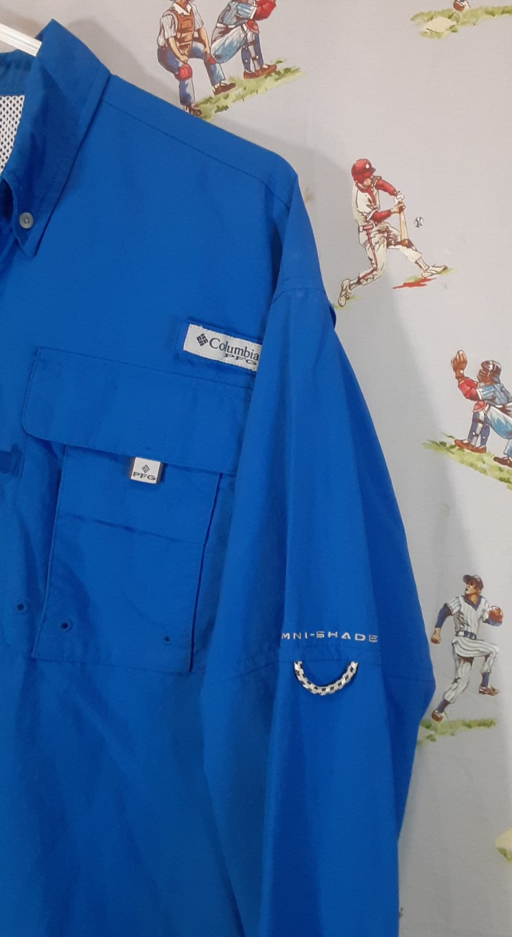 🎣 Columbia PFG Omni-Shade Mens Sz Medium Blue Button Up Fishing Shirt Vented