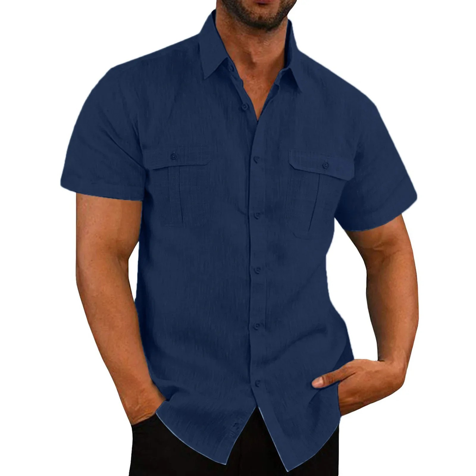 Mens Linen Shirt Short Sleeve Button Down Casual Beach Summer Vacation Shirt