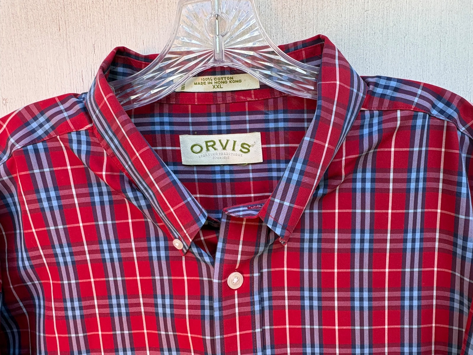 ORVIS Shirt Mens XXL Red Plaid Button Front 100% Cotton Pocket Long Sleeve Mint