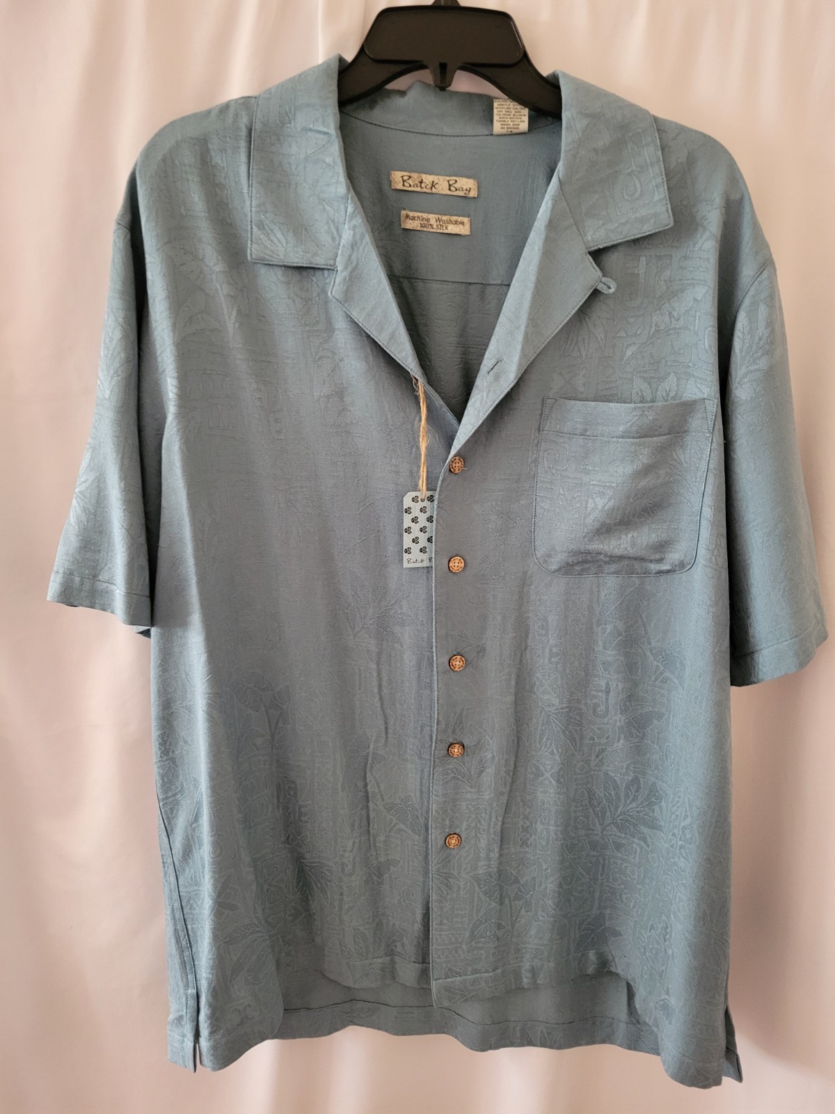 100% Machine Men’s Washable Silk Smokey Blue Batik Bay Hawaiian SS Shirt Medium