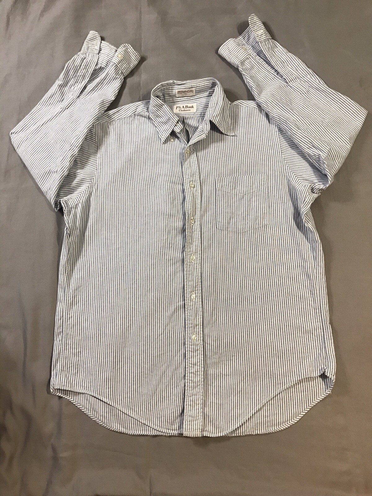 Jos A Bank Shirt Mens Medium Blue White Striped 100% Combed Cotton