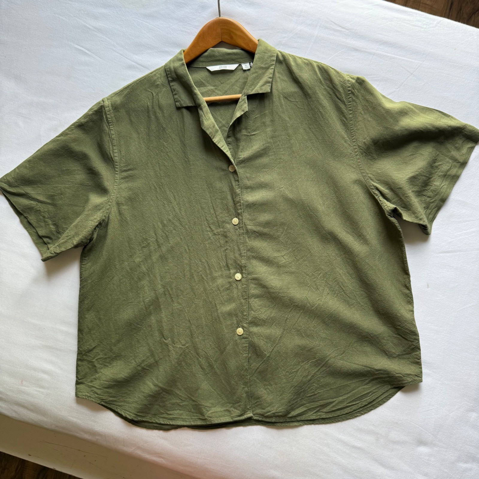 Uniqlo Mens XL Linen Blend Short Sleeve Button Up Shirt Olive Green 464739