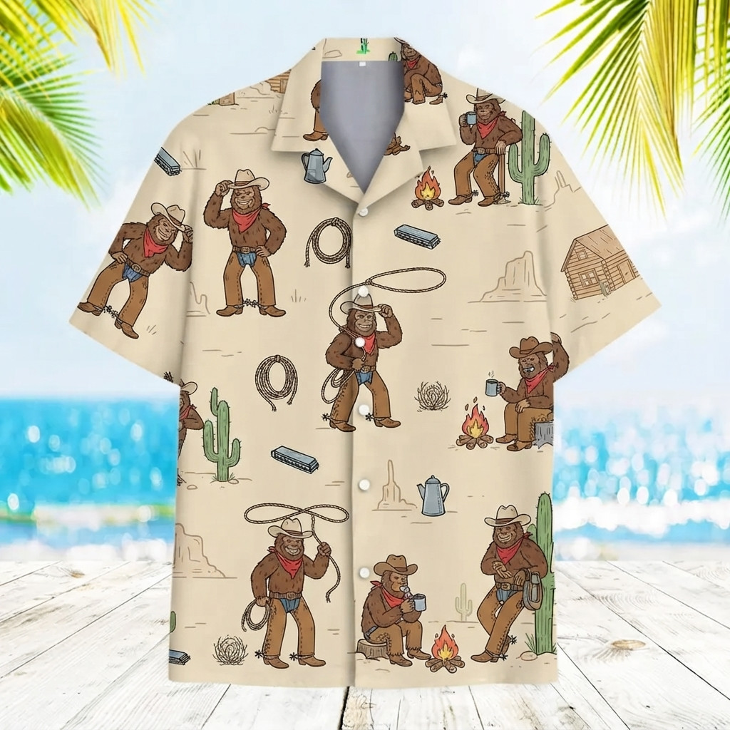 Funny Bigfoot Cowboy Campfire Desert Hawaiian Shirt, Friends Gift