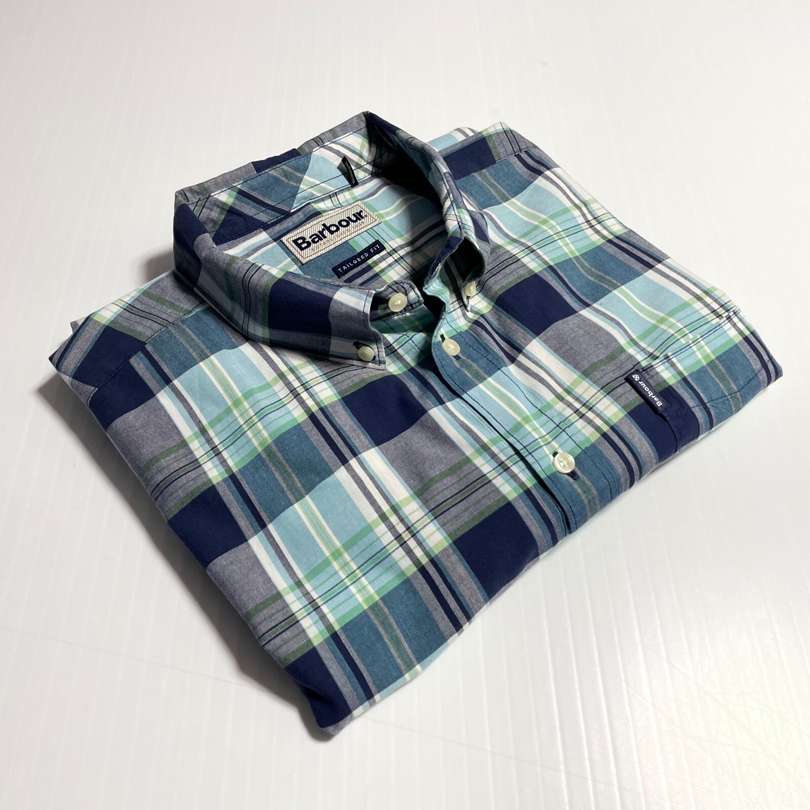 Barbour Madras Navy Multicolor Plaid Ltwt Cotton Shirt Tailored Fit XL