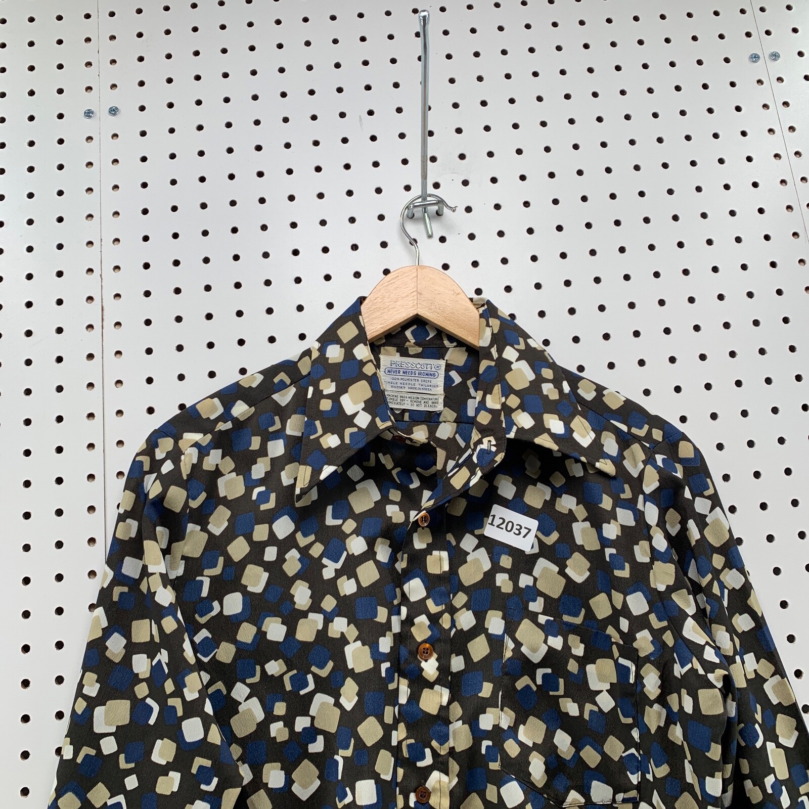 Vintage Presscott Shirt MEdium Men Blue Black 100% Polyester Crepe Size M