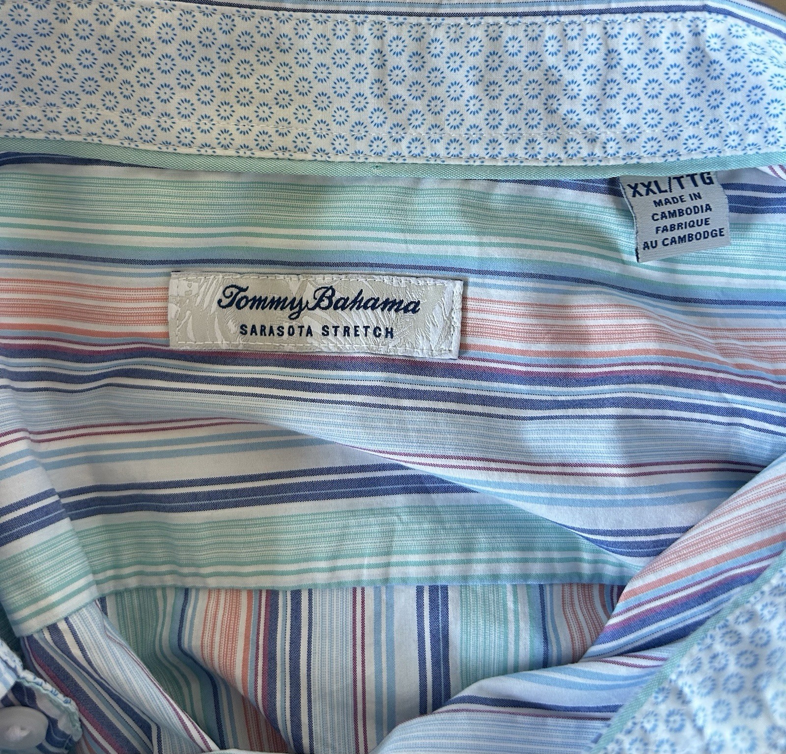 Tommy Bahama Sarasota Stretch Button Up Shirt XXL Coolmax Multicolor Stripes EUC