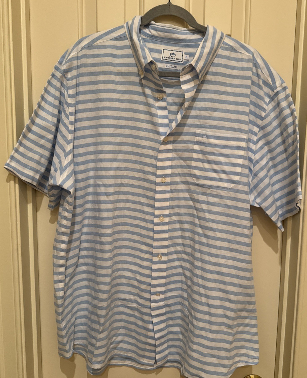 Southern Tide Shirt Mens XL Blue Whtie Stripe Linen Blend Classic Button-Down