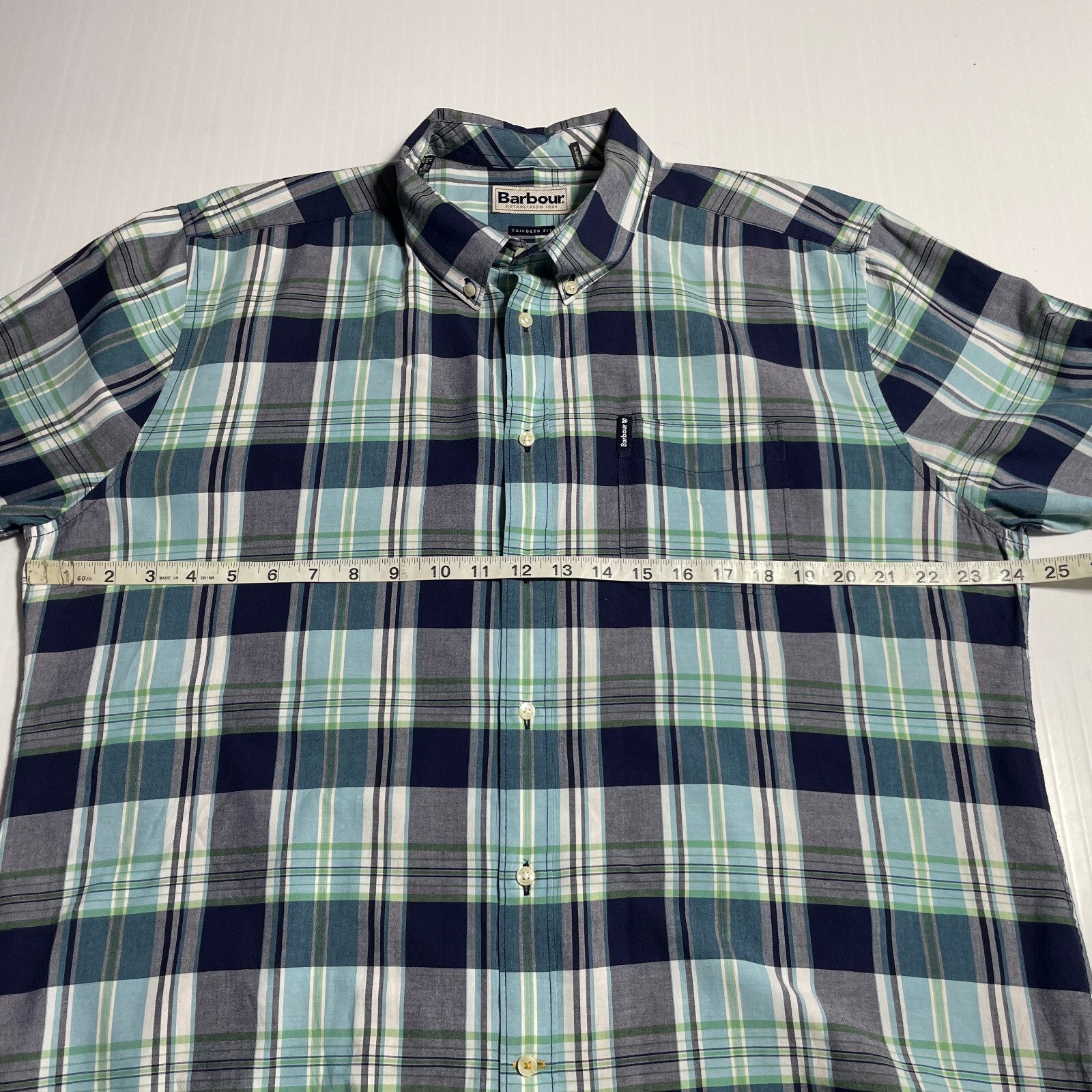Barbour Madras Navy Multicolor Plaid Ltwt Cotton Shirt Tailored Fit XL