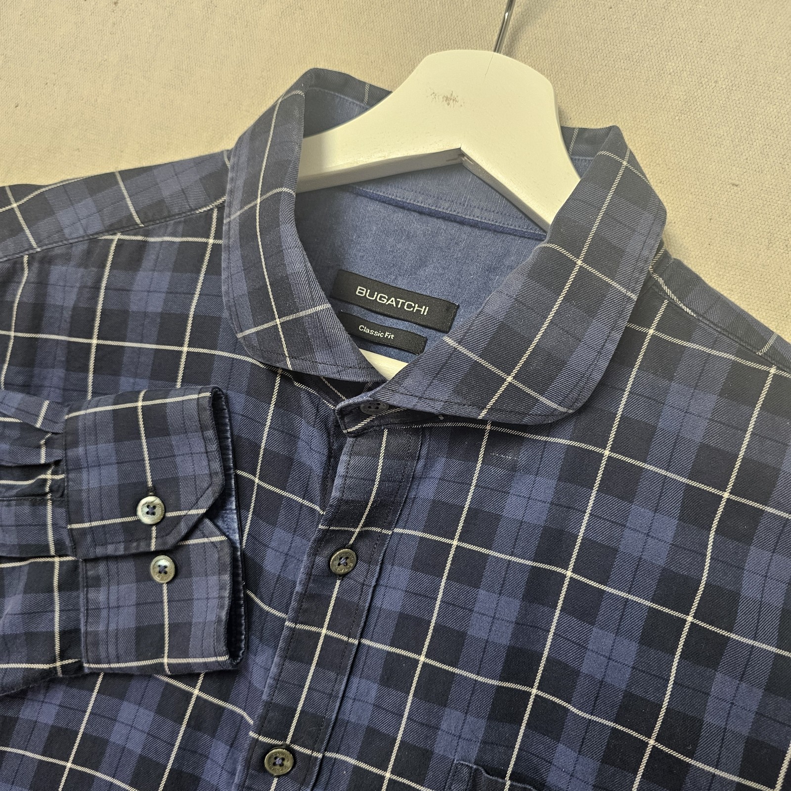 Bugatchi Men’s XXL Blue Plaid Classic Casual Preppy Office Flip Cuff Button Up