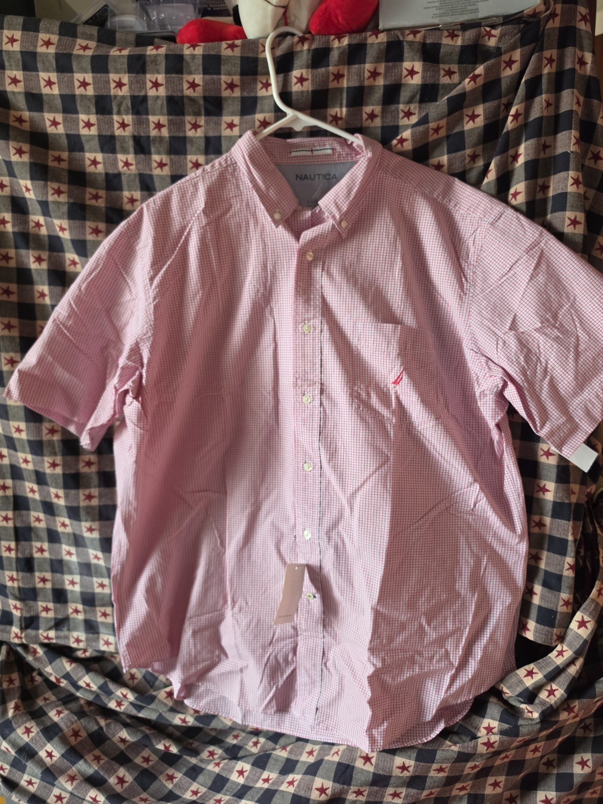 Nautica Men’s XL Red/White Check Short Sleeve Button-Down Cotton Shirt
