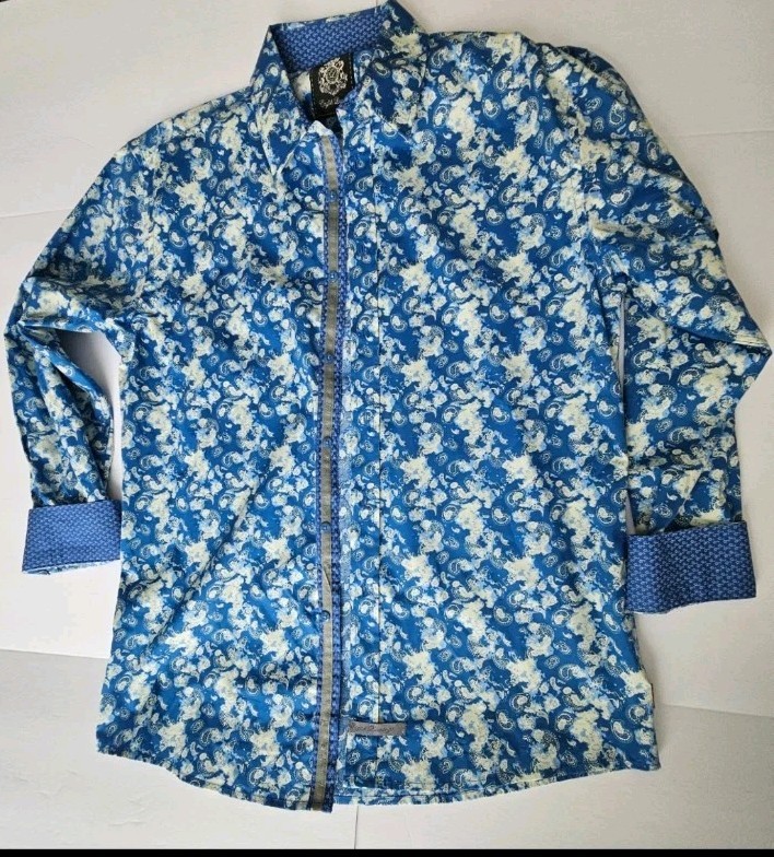 English Laundry Men’s Blue Paisley Floral Button Front Shirt Size Large
