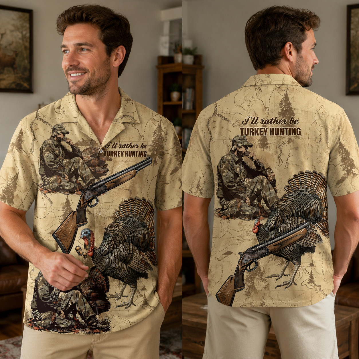 Funny Turkey Hunting Hawaiian Shirt Vintage Camo Summer Casual Top Dad