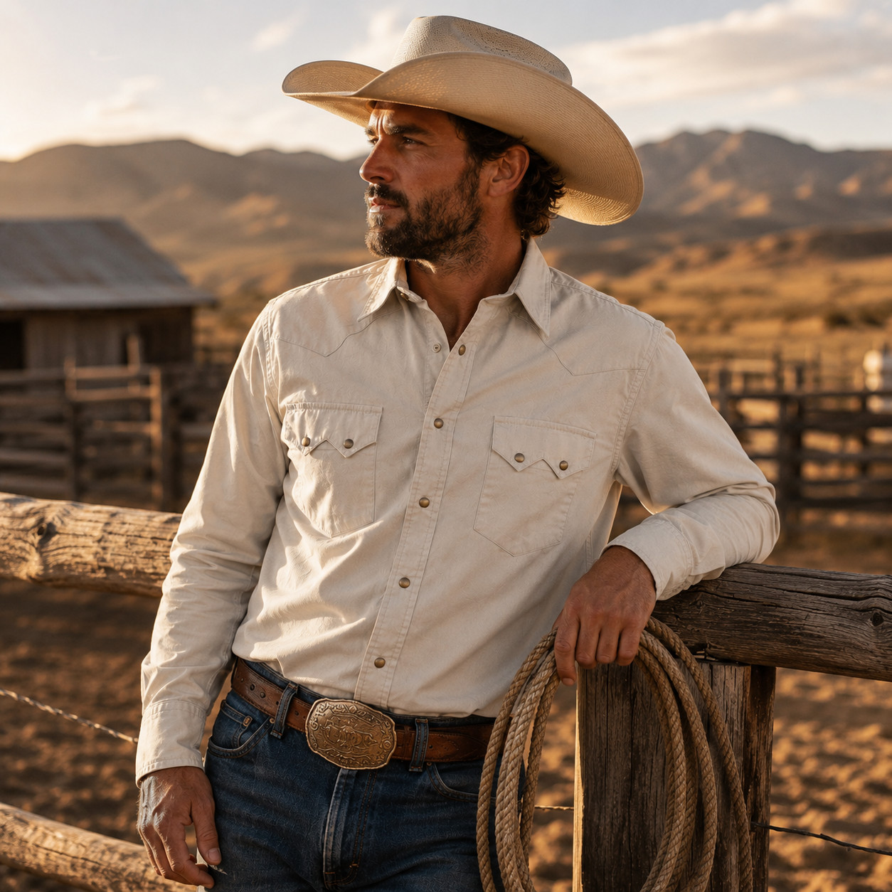 Men’s Ecru Solid Long Sleeve Cowboy Western Snap Shirt