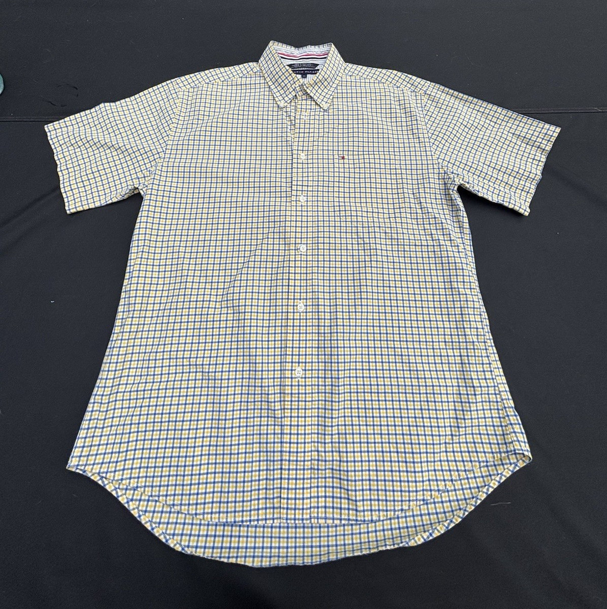 Tommy Hilfiger Men’s Large Blue Yellow Gingham Check Short Sleeve Button Down