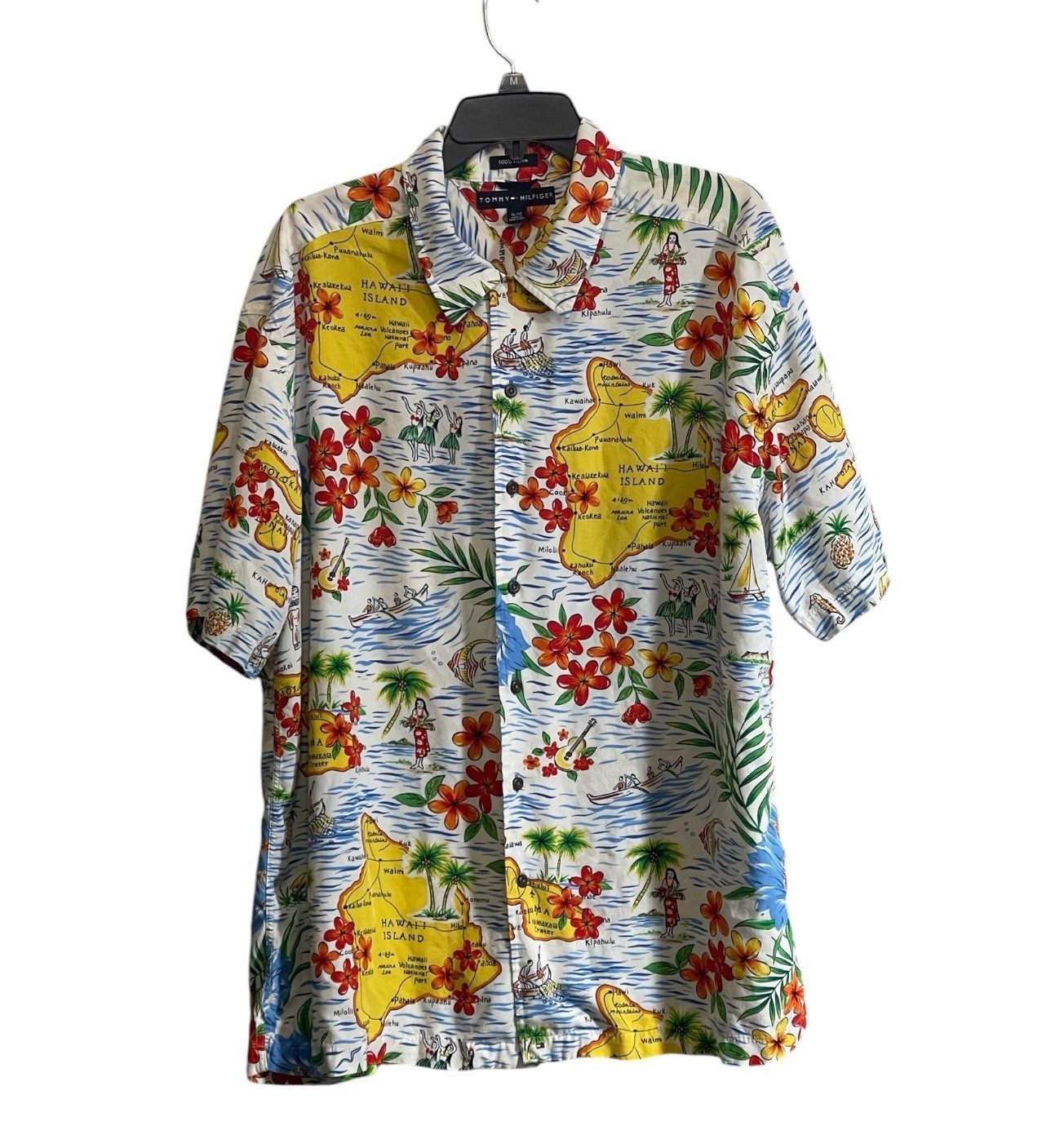 Vintage 90’s Tommy Hilfiger Hawaiian Shirt Mens XL Button Up Rayon Map of Hawaii