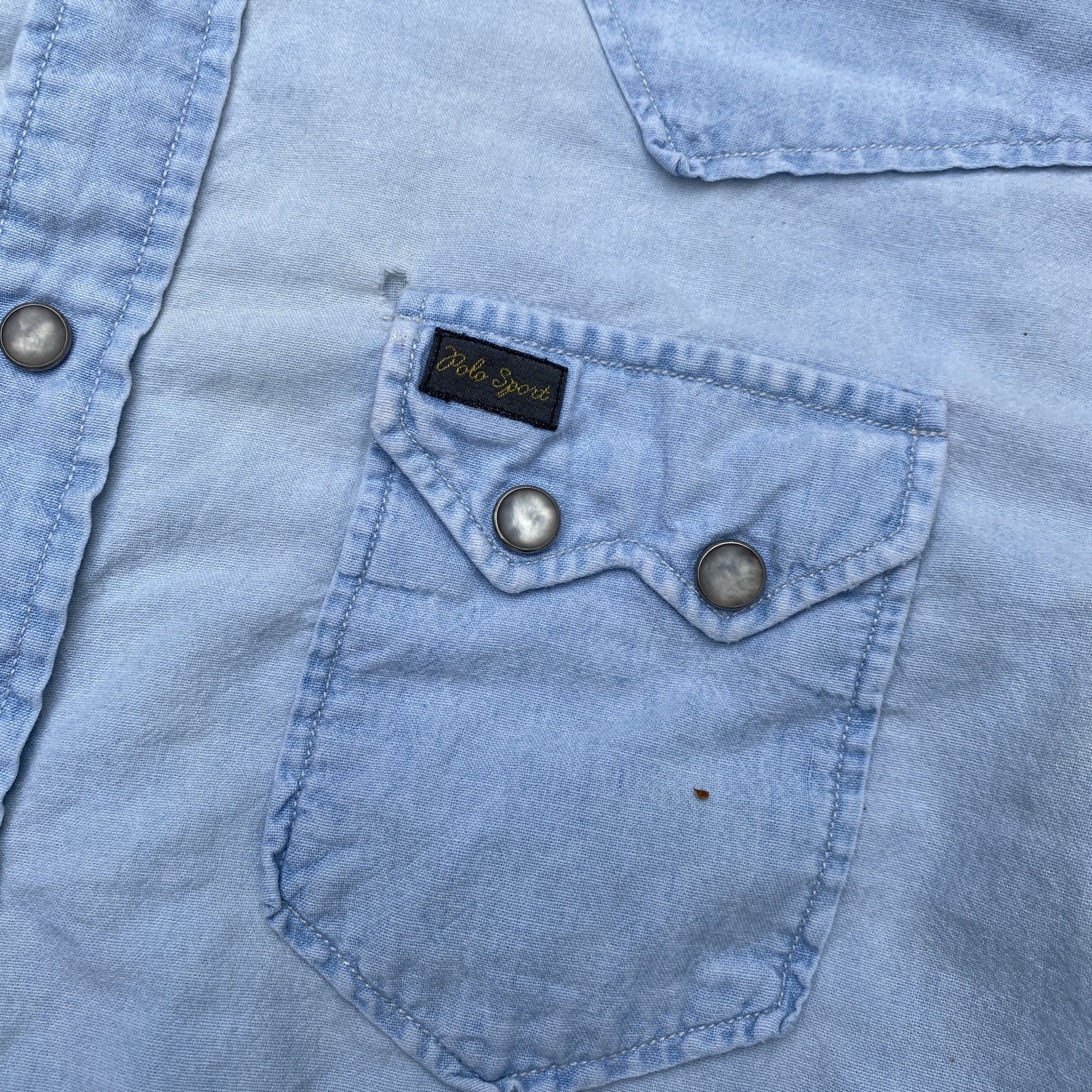 Polo Sport Denim Sawtooth Western Shirt Large Pearl Snap Distressed Light Wash