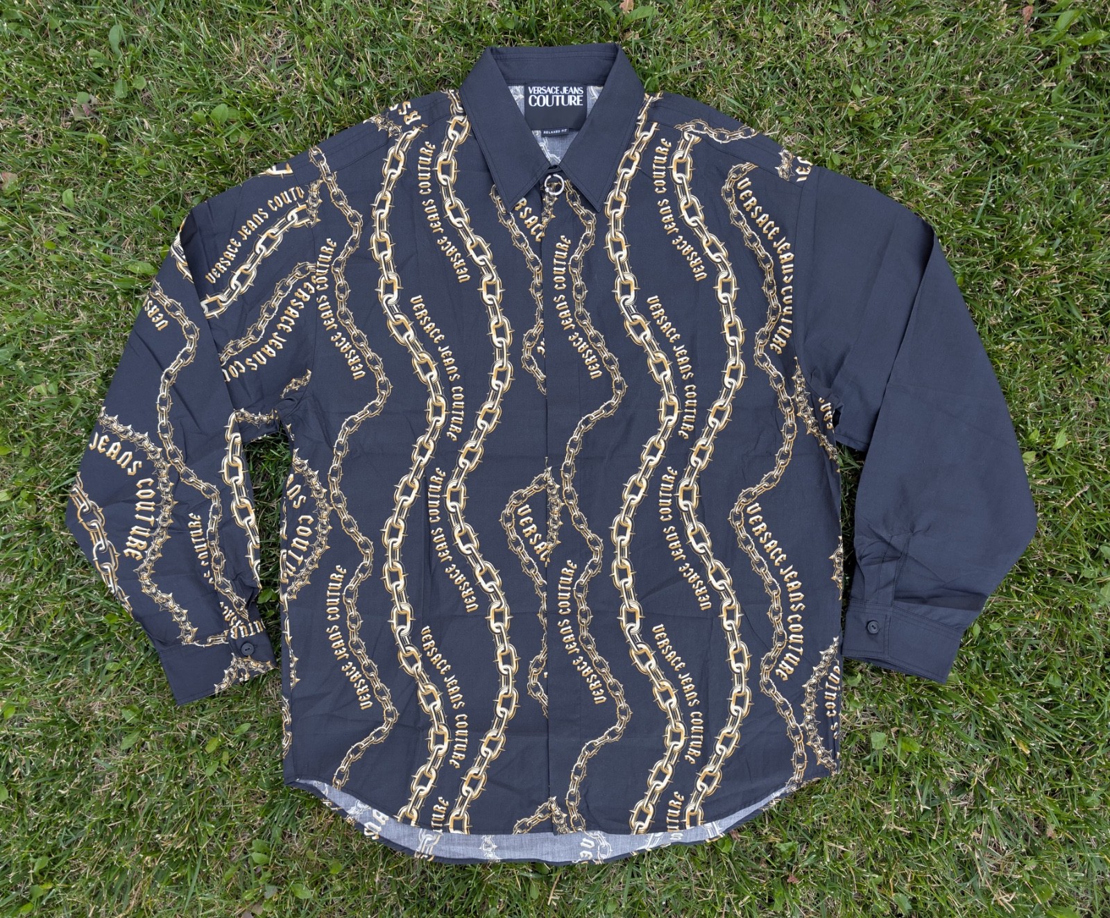 Versace Jeans Couture Shirt XXL Size Chain Couture Print Allover Black Cotton