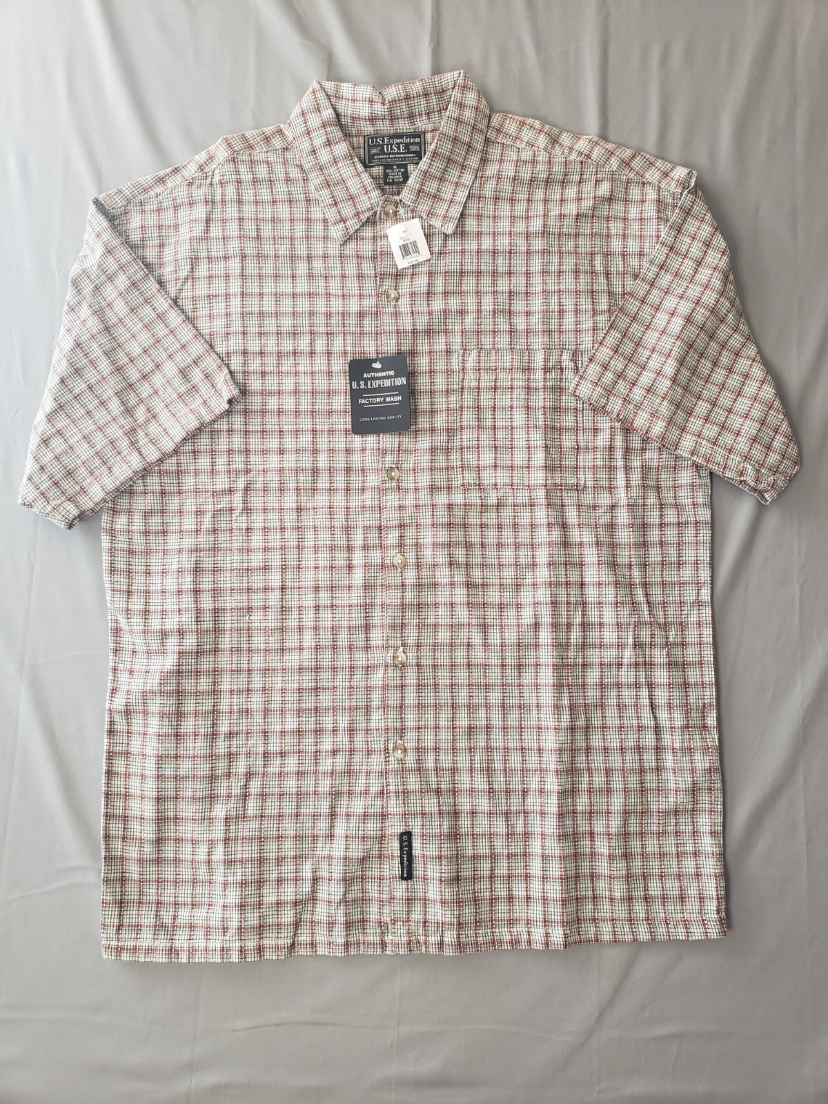 U.S. Expedition Men’s Gray Red White Plaid Cotton Woven LS Button-Up XL