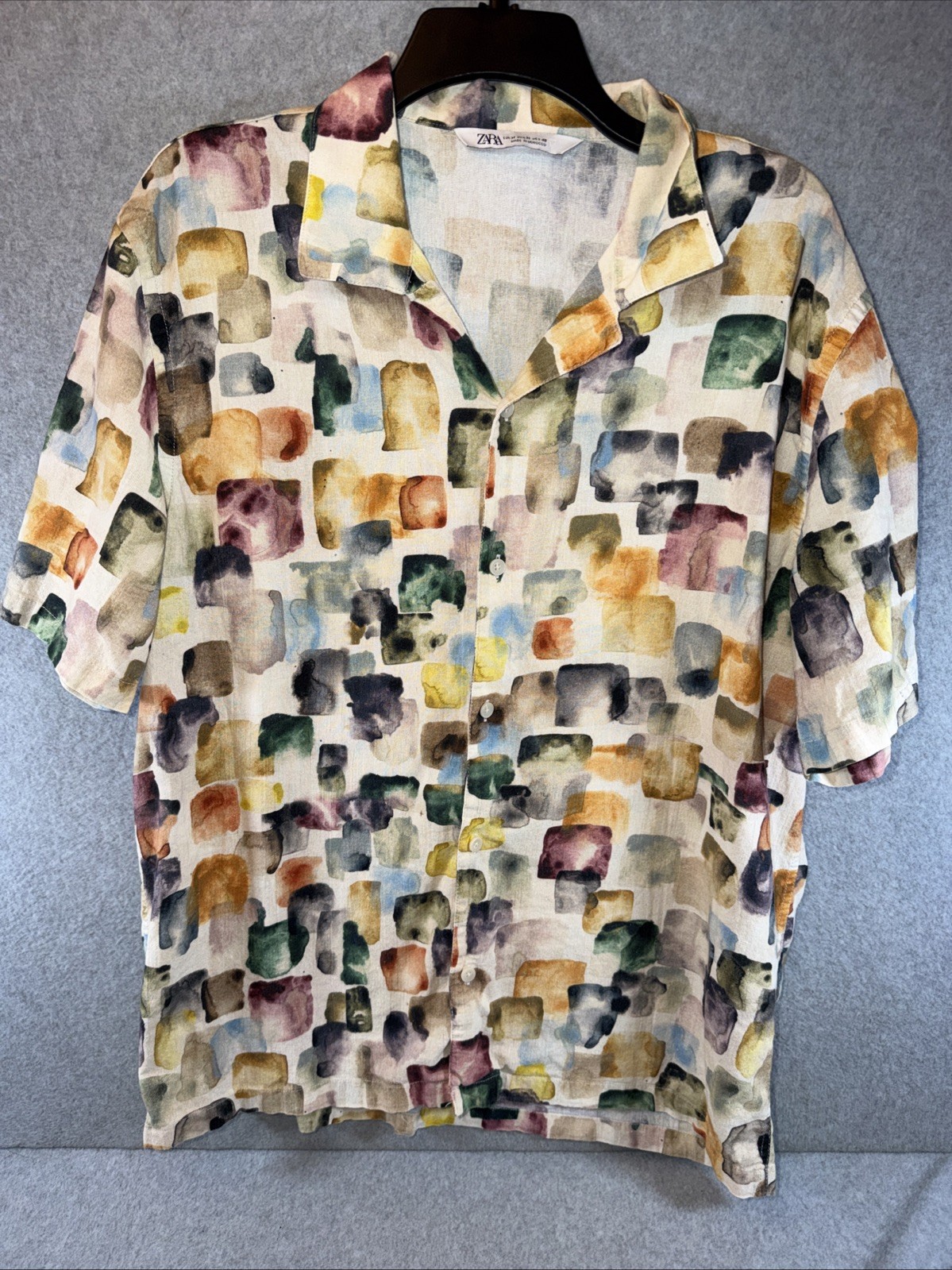 Zara Button Up Shirt Mens Watercolor Short Sleeve Cotton Blend Medium
