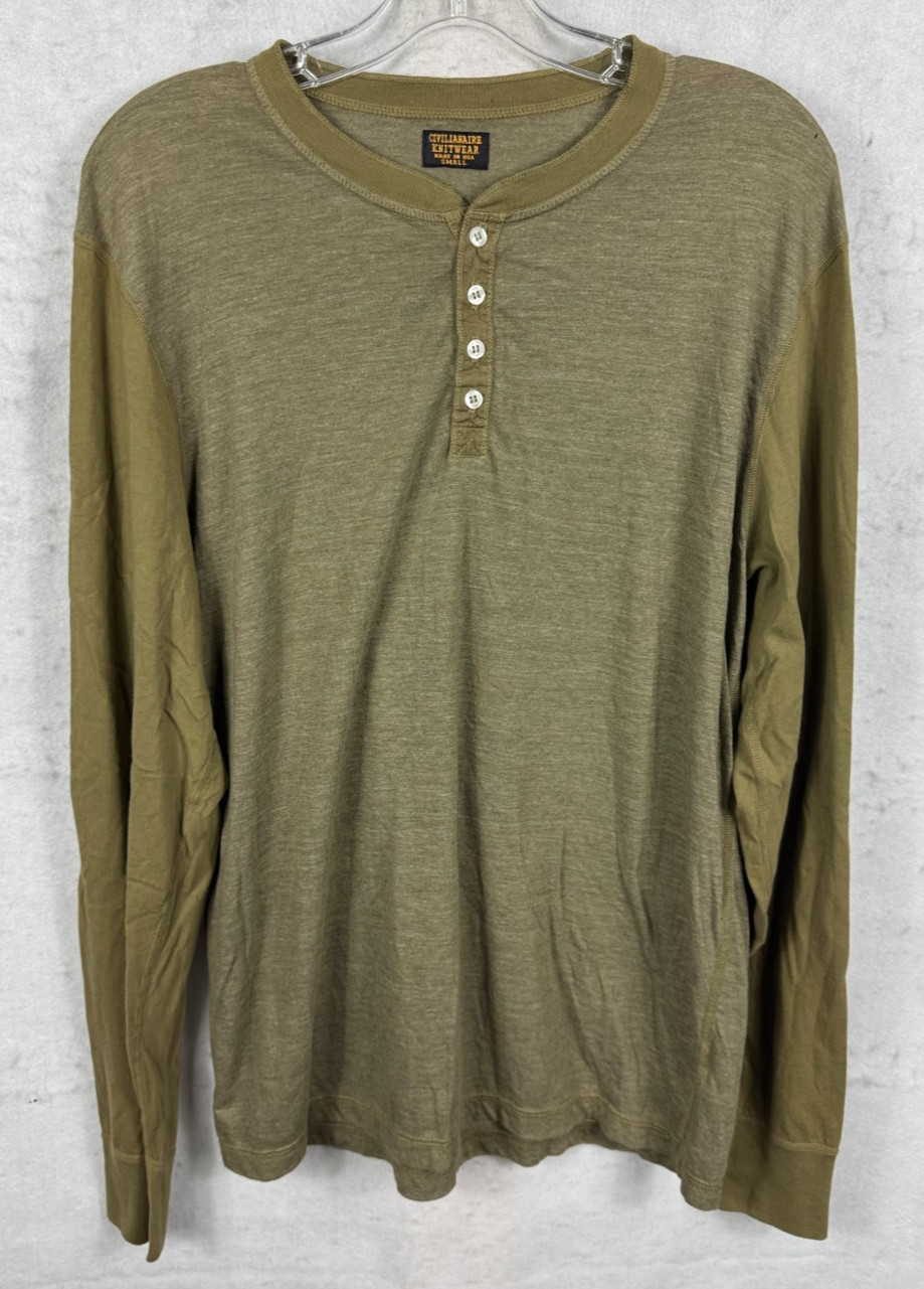 Civilianaire Knitwear Henley Green Crew Neck T Shirt Mens Small Long Sleeve USA