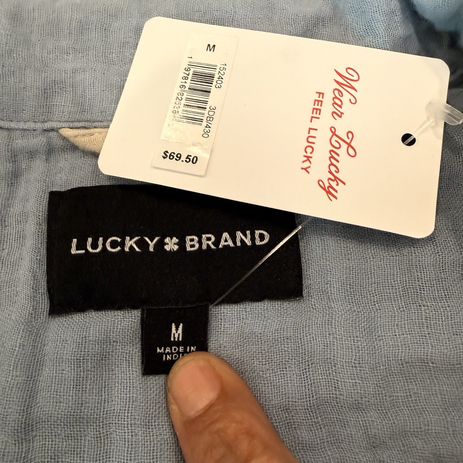 Lucky Brand Men’s Medium Blue Gauze Button Up Camp Shirt NWT