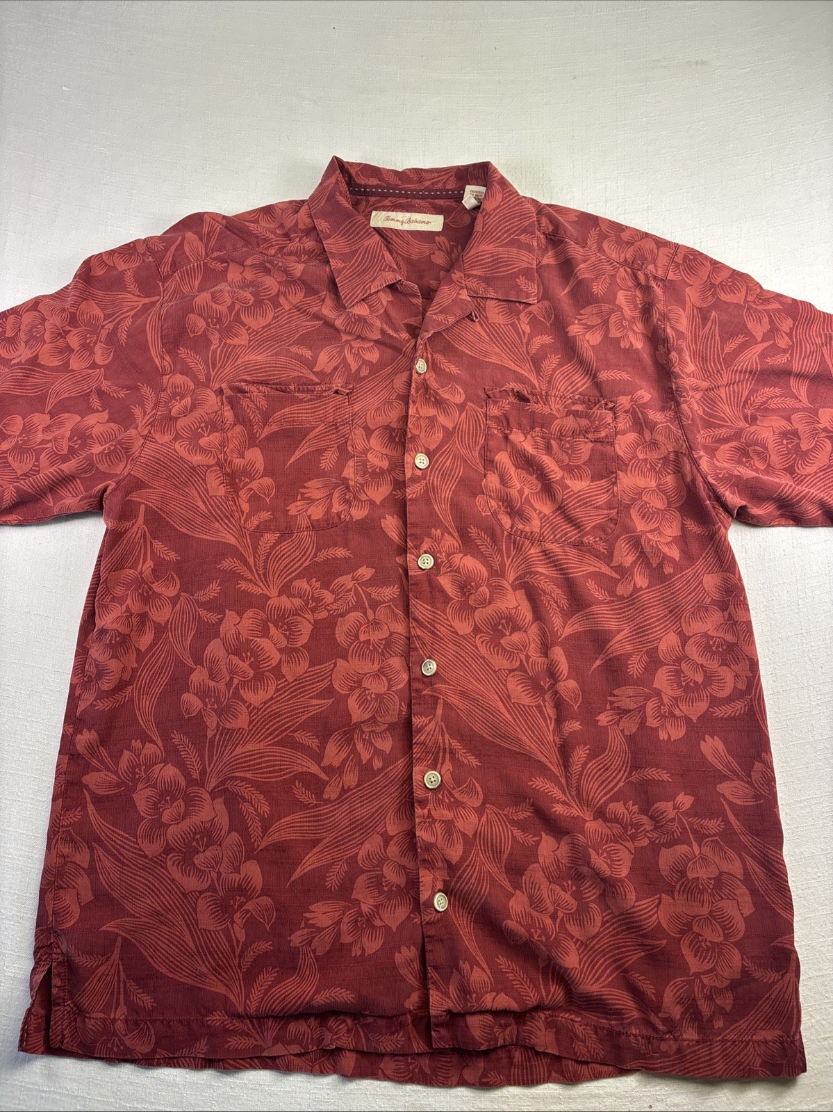 Tommy Bahama Mens XXL Red Silk Floral Orchid Palm Herringbone Camp Shirt BB200