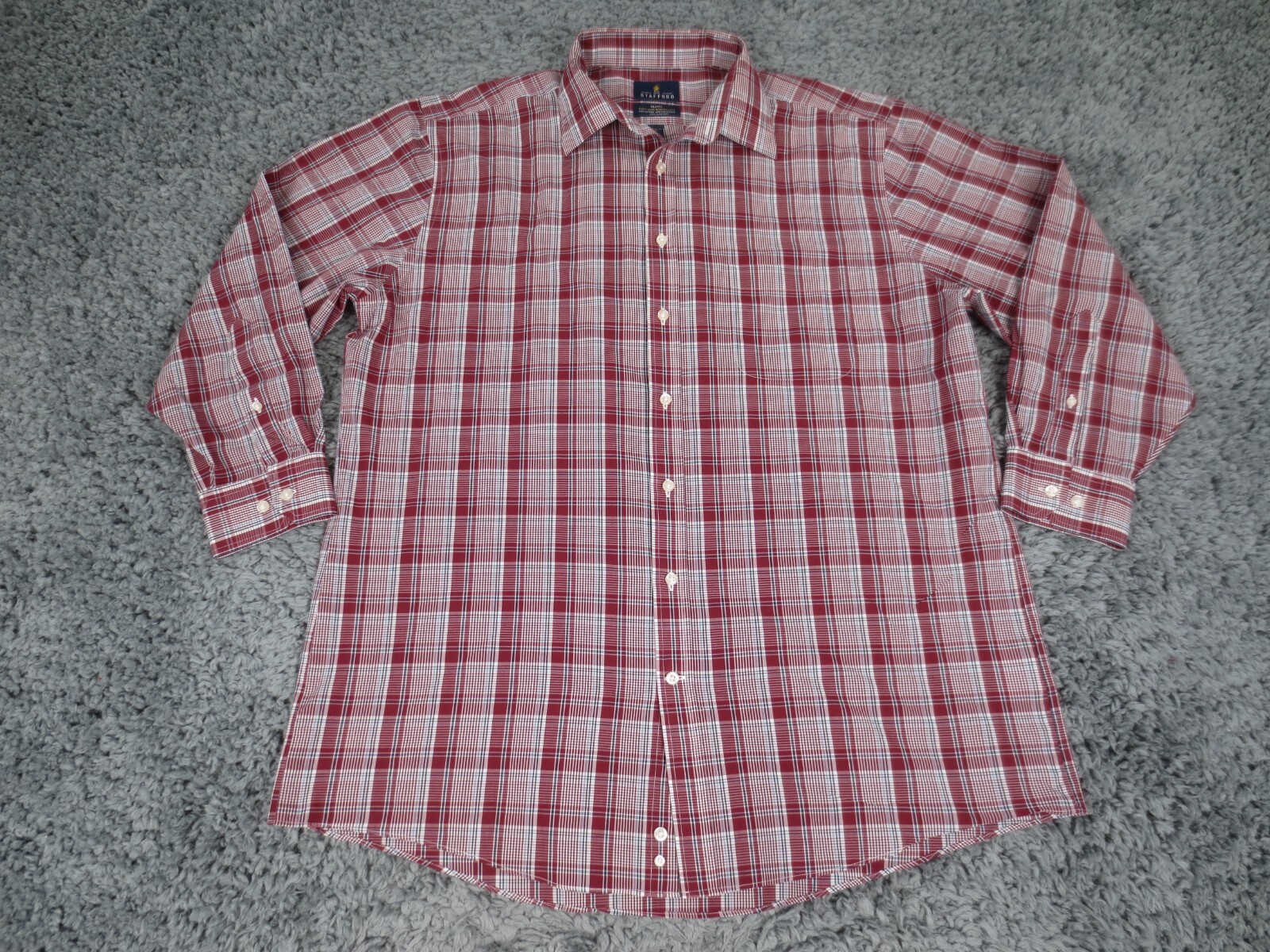 Stafford Shirt Men 17 Purple Plaid Travel Blend Broadcloth Button Up Long Sleeve