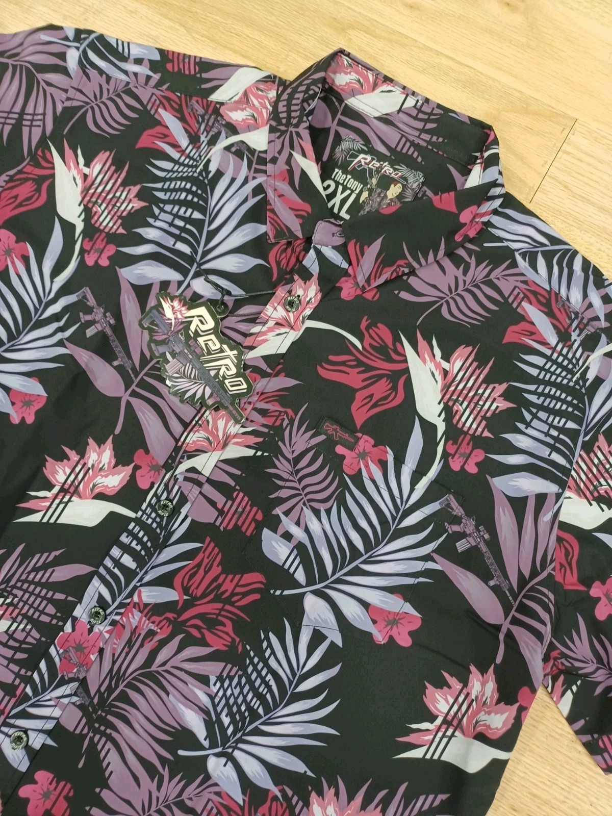 NWT Retro Rifle The Tony Mens 2XL Floral Purple Hawaiian Button Up Short Sleeve
