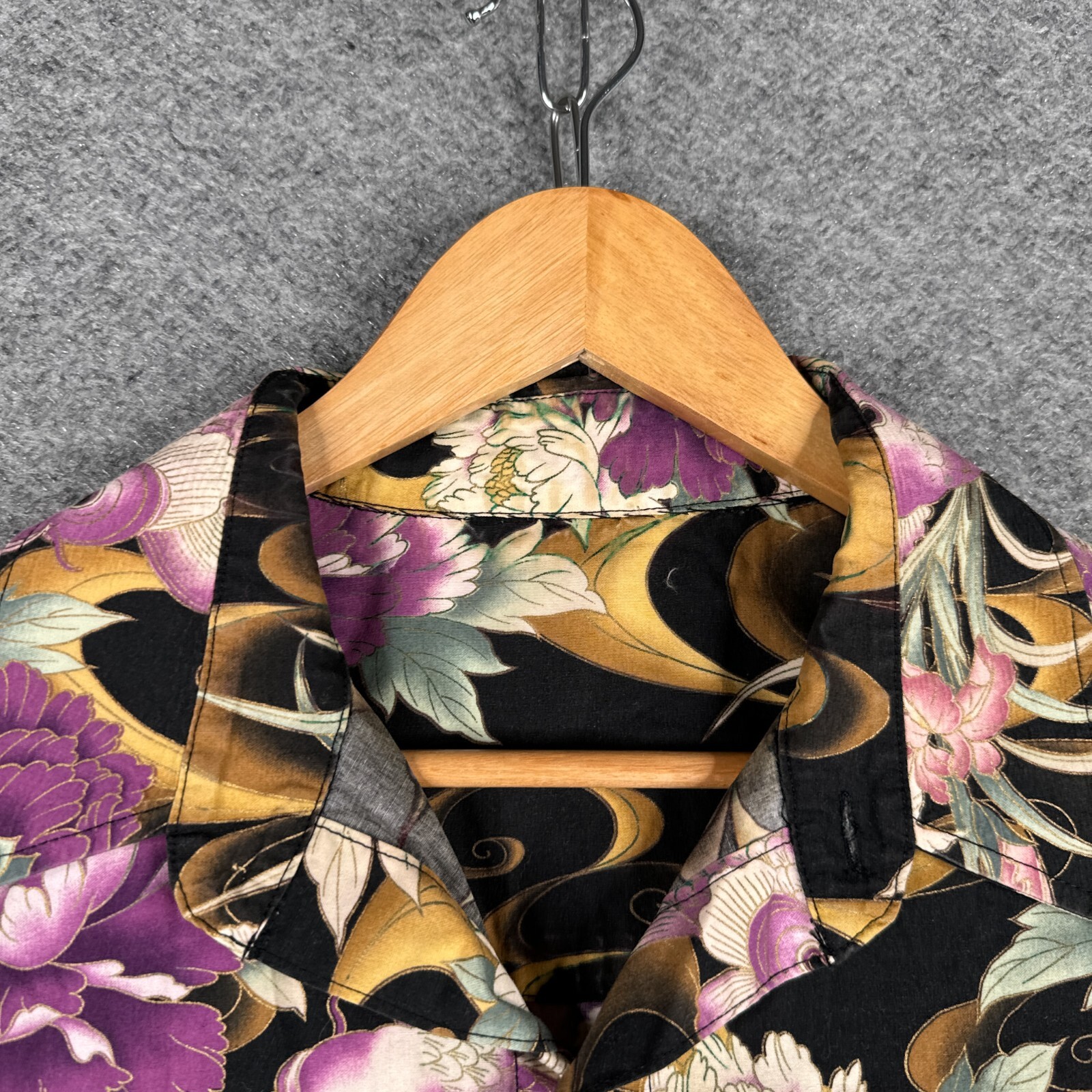 Vintage Japanese Shirt Mens XL All Over Print AOP Button Up Koi Fish Peony