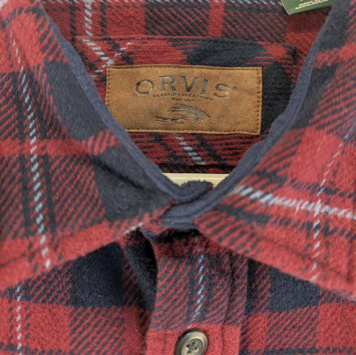 Orvis Flannel Shirt Mens Large Sangria Plaid Cotton Button Front Pockets