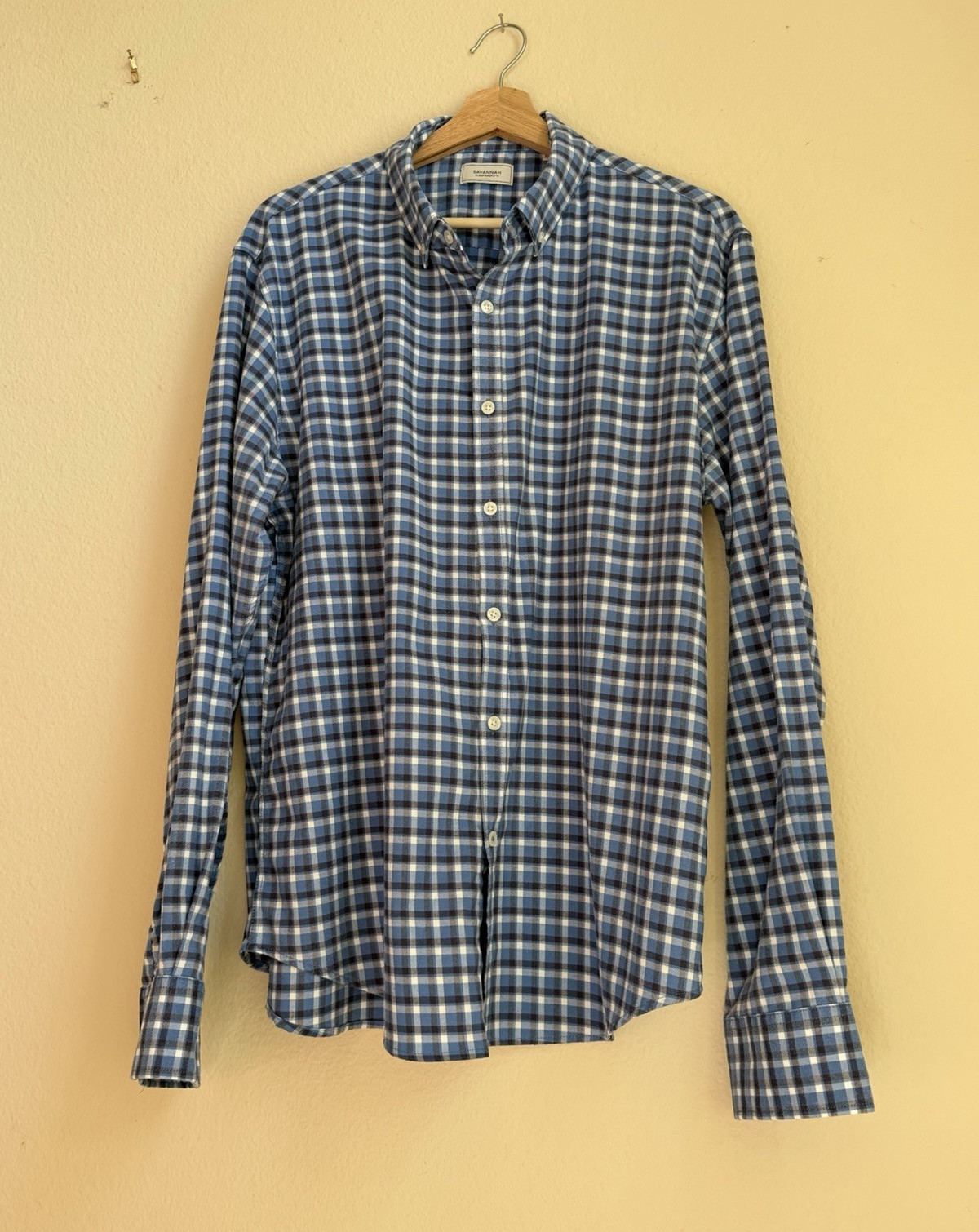 Savannah Men’s Blue/White Plaid Long Sleeve Button-Up Shirt XL
