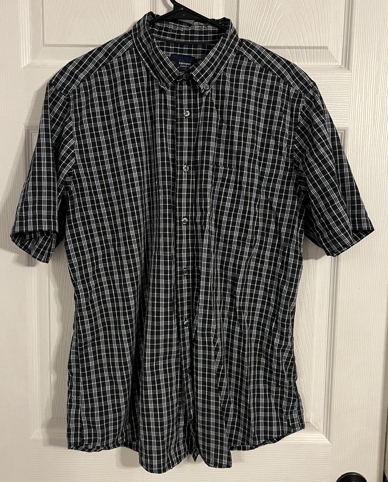 Basic Editions Classic Fit Men’s Large Plaid Button Up Black & Blue Short Sleeve