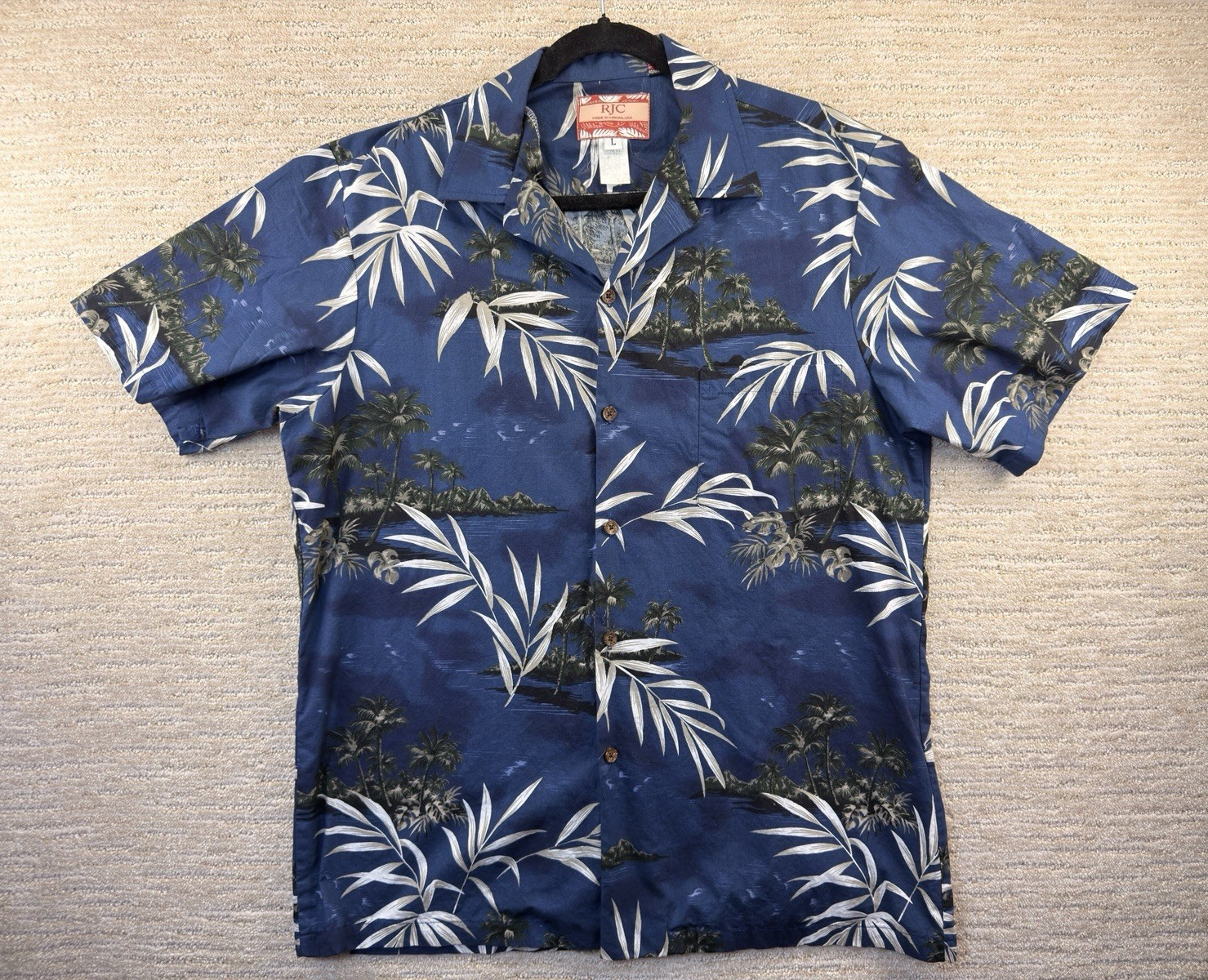 RJC Mens L Hawaiian Tropical Floral Button-Up Shirt Blue/White/Green Pockets