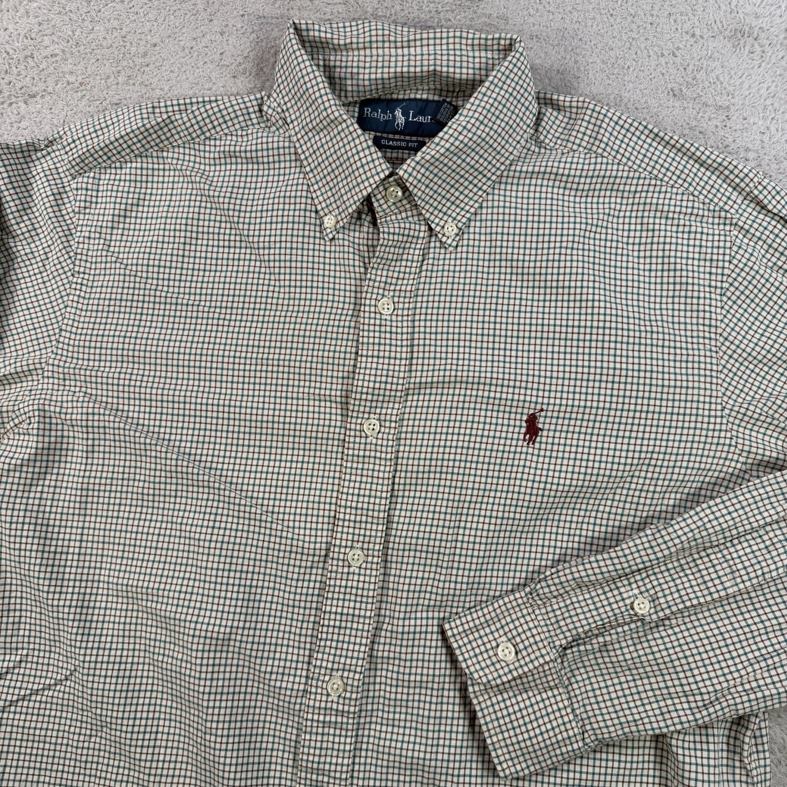 Polo Ralph Lauren Shirt Mens Large Beige Teal Check Long Sleeve Button Down Pony