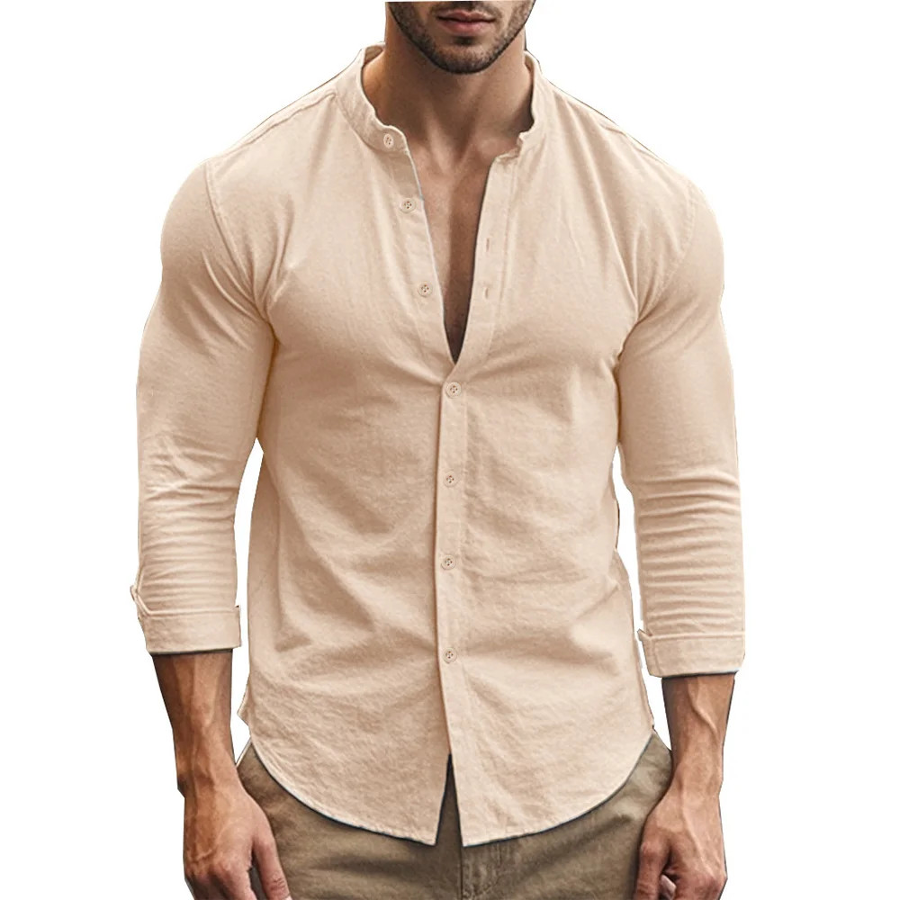 Men’s Henry Shirts Cotton Linen Slim Fit Causal Hawaiian Solid Color Basic Style